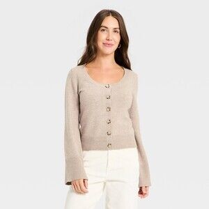 Women's Button-Down Scoop Neck Cardigan Sweater - Universal Thread™ Taupe M